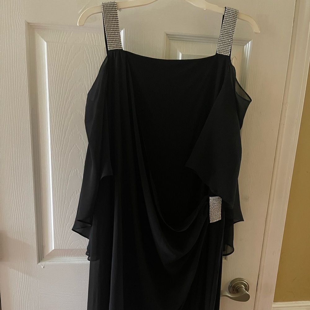 MSK Black Cape Dress rhinestone shoulder straps and rhinestones side brooch SZ3X